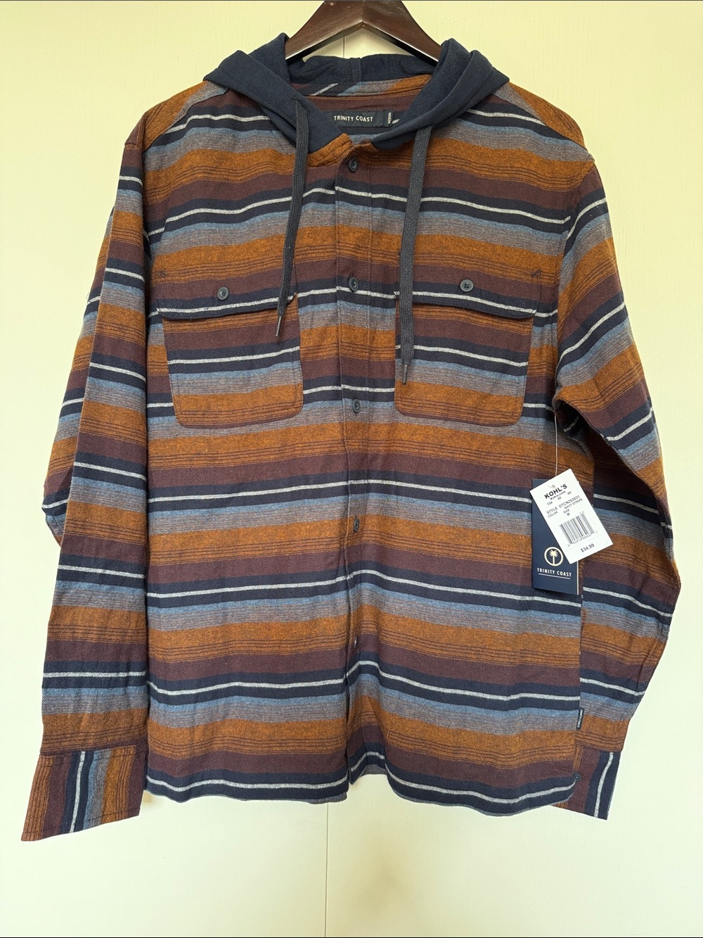 Trinity Striped Hooded Button-Up Shirt - Navy, Brown & Rust